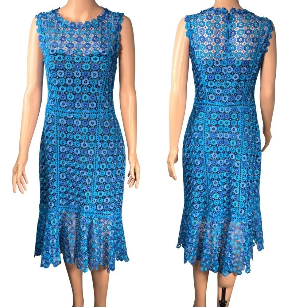 Elie Tahari Blue Floral Guipure Lace Flounce Hem Midi Dress Size 8 E307T609